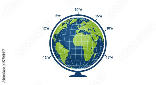 Globe showing continents and longitude lines on a stand.