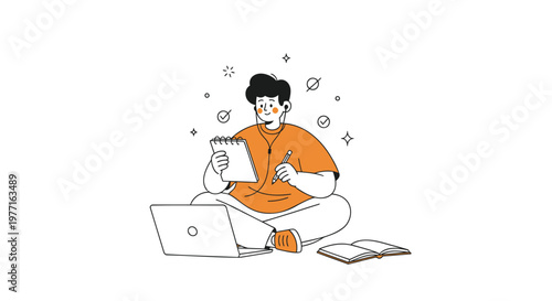 Flat design businesswoman, working remotely, laptop and notebook, productive workspace, vector illustration