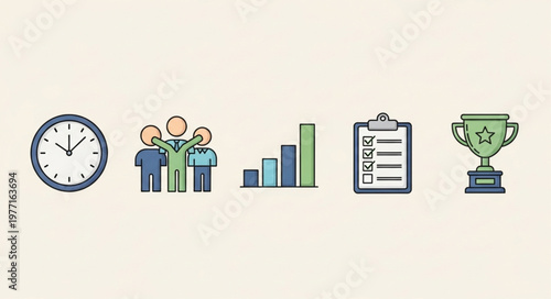 Business success icons including clock team graph checklist and trophy.