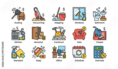 Chore icons: dusting, vacuuming, mopping, windows, bathroom, kitchen, moveout, construction, sofa, carpet, office