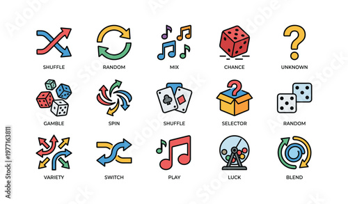 Variety of colorful game icons featuring shuffle, music, dice, and more