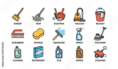Cleaning tools collection: mop, vacuum, bucket, sponge, spray, scrubber, steamer