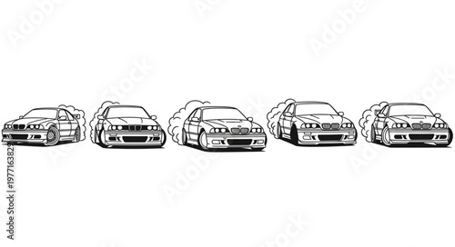 Five classic sports cars lined up in a row illustration.