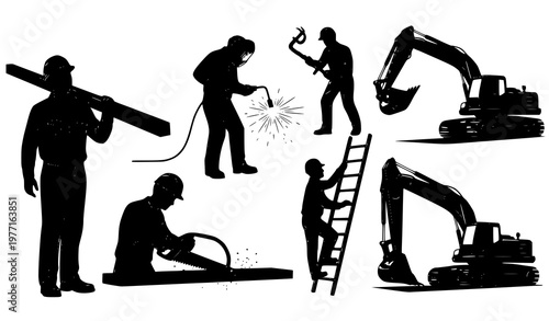 Construction Worker Silhouettes Set Builders Performing Industrial Tasks Vector Collection