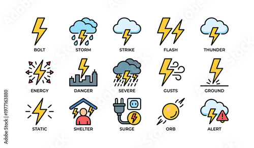 Weather icons: lightning, storms, thunder, and safety indicators
