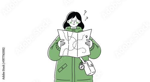 Confused woman, holding map, lost tourist, green jacket, illustration