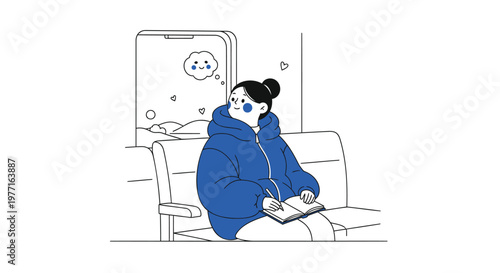 Lonely woman, sitting alone, on public transport, daydreaming, blue hoodie, vector illustration