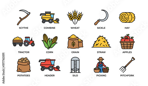 Colorful farming tools and harvest icons featuring agricultural elements
