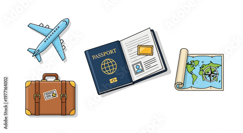 Travel icons passport, airplane, suitcase, and map for exploring the world