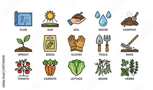Gardening tools and plants illustration with seeds and soil symbols
