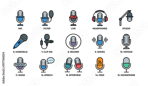Colorful audio equipment icons featuring microphones and headphones