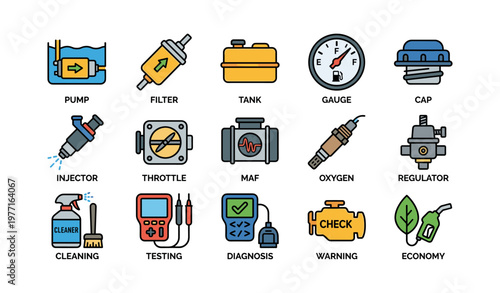 Automotive parts icons: pump, filter, tank, gauge, cap, injector, throttle, maf, oxygen, regulator, cleaning, testing, diagnosis, warning, economy