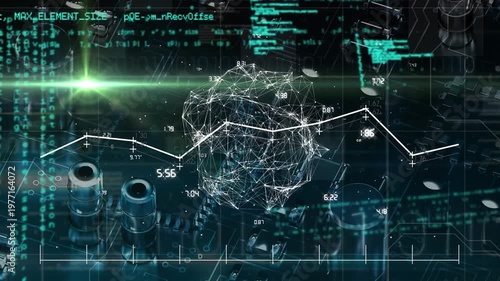 Animation of globe of network of connections and data processing against close up of a motherboard