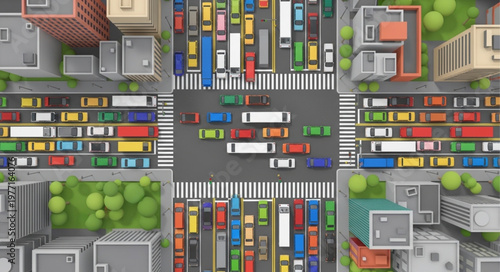 Aerial view of a busy city street with heavy traffic congestion.