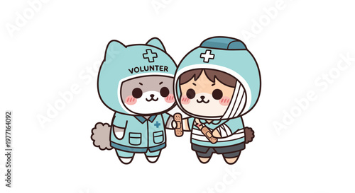 Cute cartoon volunteer characters in medical uniforms helping each other