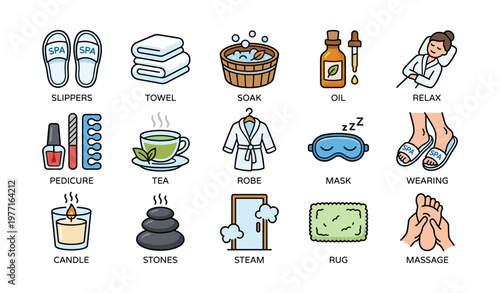 Spa essentials: relaxation symbols including slippers, towel, soak, oil, and massage