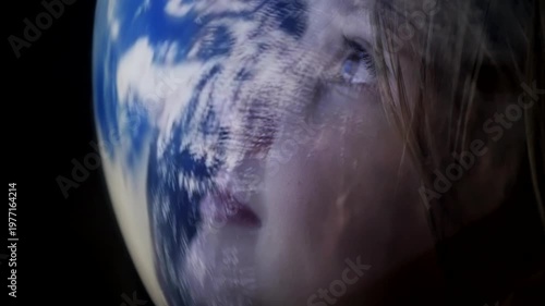 Cute child in astronaut helmet watching with wonder and admiration a planet from space Girl in spacesuit looking through glass at view of space and Earth. Discovery of new horizons. Flight to the Moon