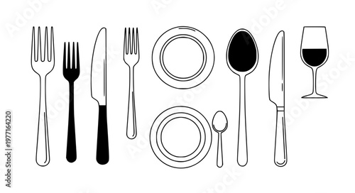 Minimal cutlery tableware thin line vector icon set EPS10 isolated
