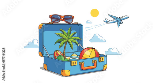 Open suitcase filled with beach essentials and an airplane flying in the sky