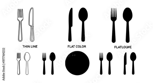 Cutlery fork knife spoon icon vector set tableware menu EPS10 isolated on white
