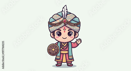 Cute Cartoon Mughal Emperor Holding Shield, Waving Hand Illustration