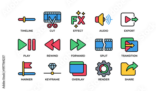 Colorful video editing icons including play, cut, effect, audio, and export symbols