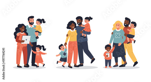 Diverse Families Posing Together With Children, Vibrant Illustration