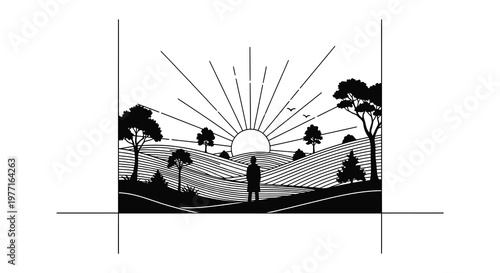 Minimalist landscape with a lone figure and radiant sun black silhouette