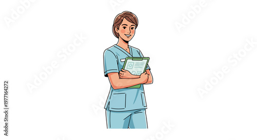 Medical Professional In Scrubs Holding A Clipboard With A Smile