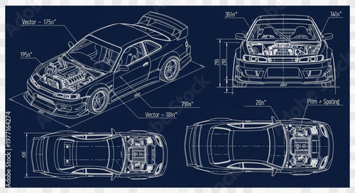Blueprint of a Sports Car Showing Detailed Engineering Design.