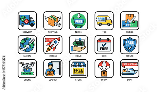 Delivery and shipping icons set with free and express options
