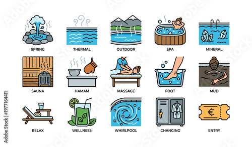 Wellness spa icons set featuring sauna, massage, and relaxation elements