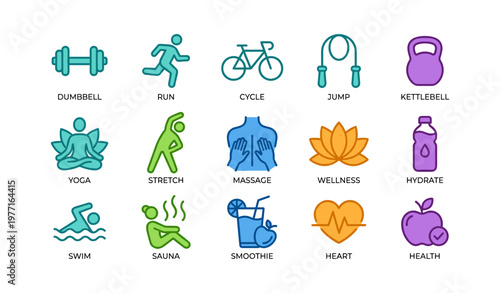 Fitness and wellness icons: exercise, yoga, health, nutrition, relaxation visualization