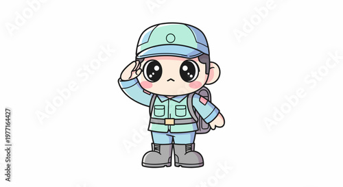 Cute cartoon soldier illustration of a child saluting with a backpack