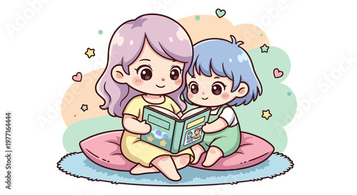 Mother reading a book to a child, illustration, sweet bonding moments