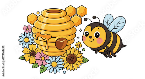 Cute Cartoon Bee and Beehive Illustration with Sweet Honey and Vibrant Flowers in Nature