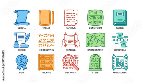 Ancient writing tools and scripts icons: scroll, tablet, papyrus, cuneiform