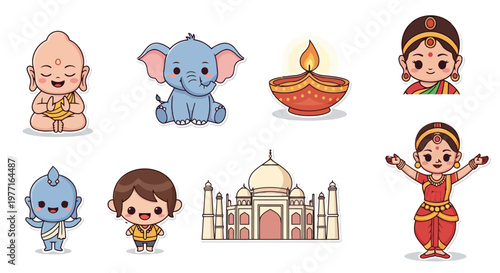 Cute Indian Cultural Icons A Whimsical Collection of Characters and Landmarks
