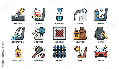 Essential car cleaning and maintenance icons for interior care
