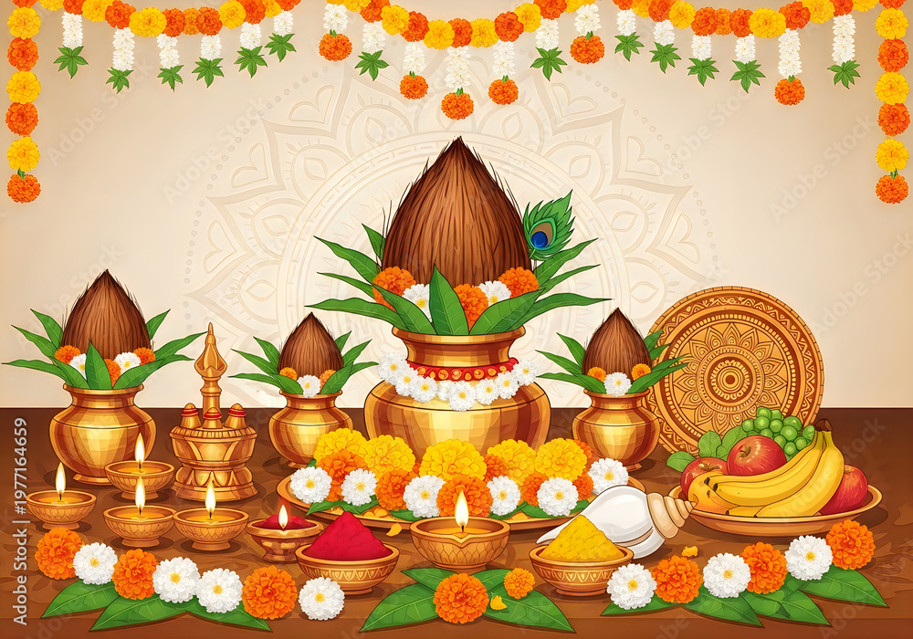 Fototapeta premium Indian Puja Ceremony Altar with Fruits, Flowers, and Auspicious Items for Religious Rituals