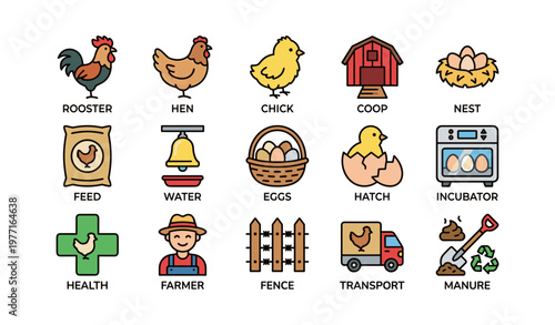 Farm icon set featuring rooster hen chick coop eggs and farming supplies