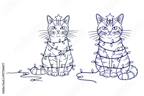 Whimsical sketch of two stacked cats with playful tails and curious expressions
