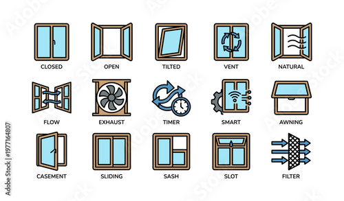 Various window designs and functions: closed, open, tilted, vent, natural, flow, exhaust, timer, smart, awning, casement, sliding, sash, slot, filter