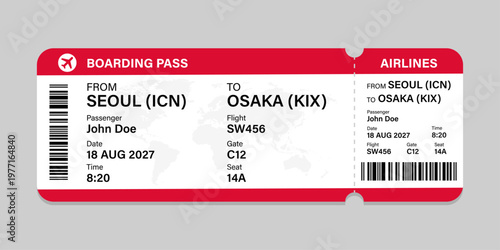 Realistic illustration of airplane ticket boarding pass with passenger name and destination. Concept of travel, journey or business trip.
