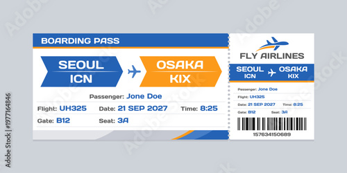 Realistic illustration of airplane ticket boarding pass with passenger name and destination. Concept of travel, journey or business trip.