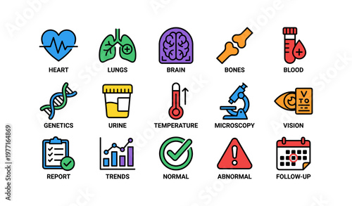 Medical icons set featuring heart lungs brain bones blood and genetic elements