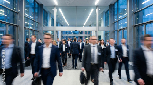 motion blur image of business people crowd walking at corporate office in city downtown