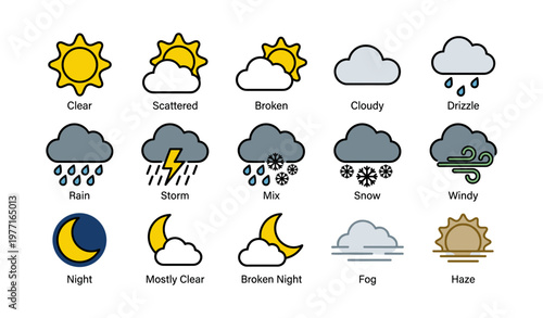 Weather icons set featuring sun, clouds, rain, snow, wind, and moon phases