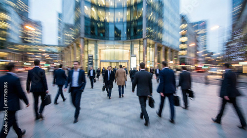 motion blur image of business people crowd walking at corporate office in city downtown