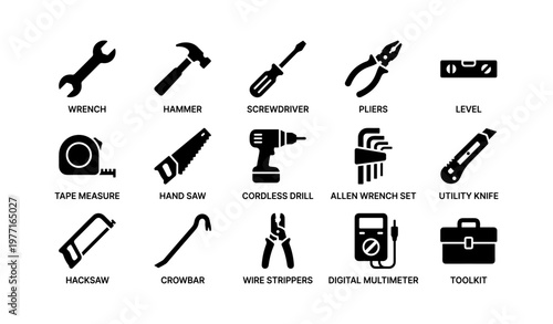 Essential tool icons: wrench, hammer, screwdriver, pliers, level, drill, multimeter